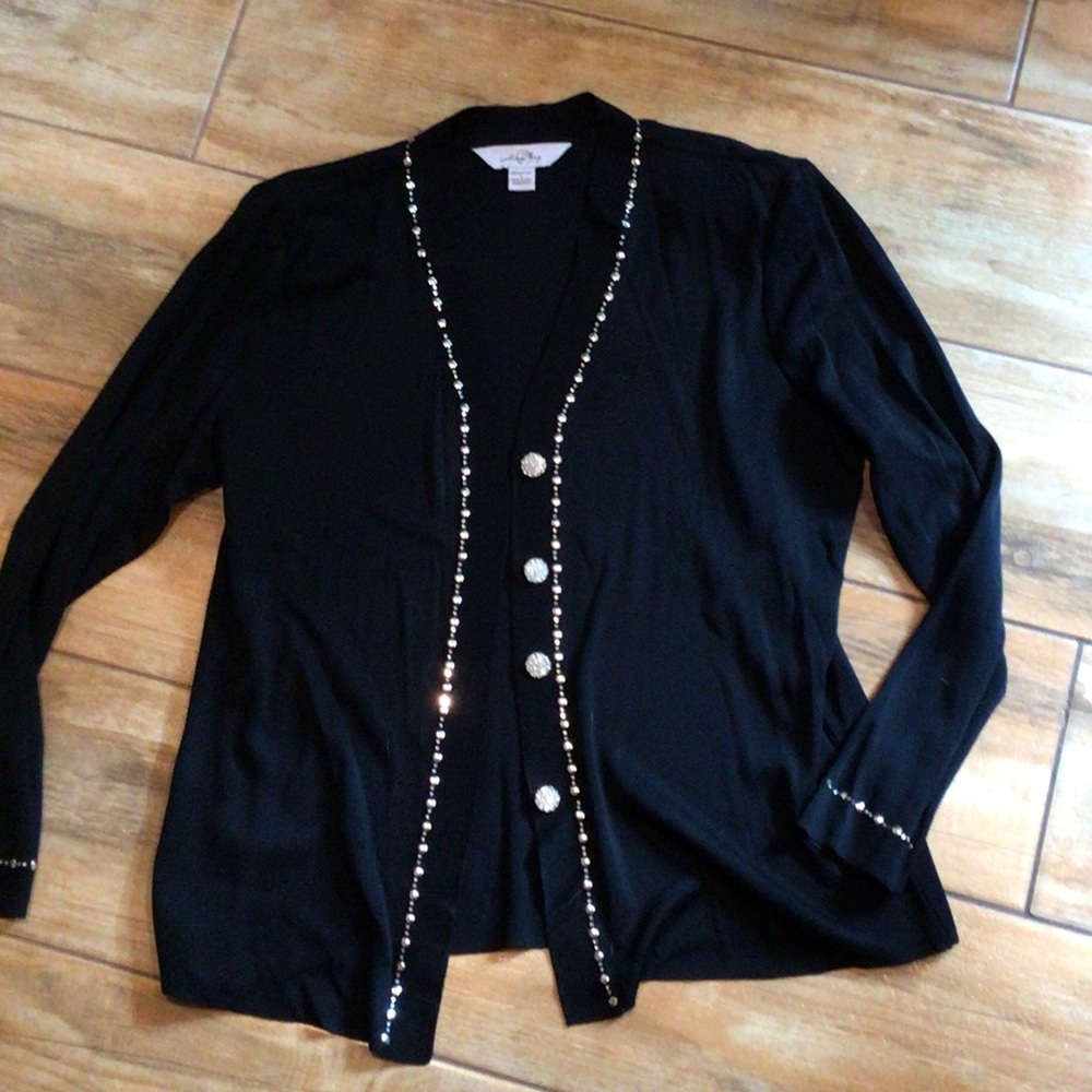 Ming Wang Black Cardigan with Rhinestone Trim